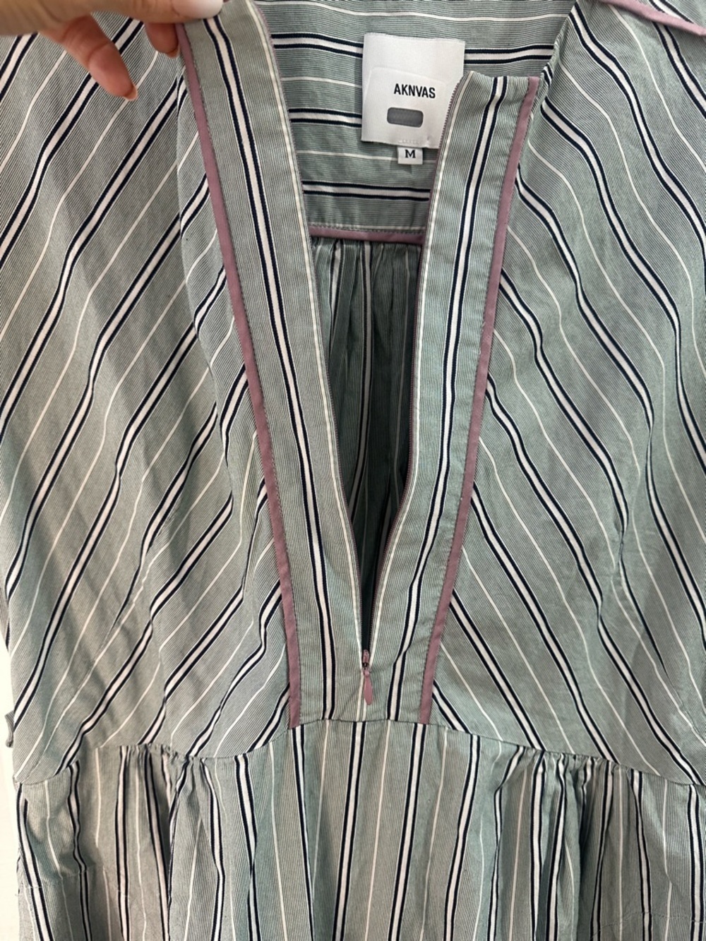 Aknvas Green & White Striped Pleated Midi Dress Size M Designer Retail $695 - Picture 8 of 12